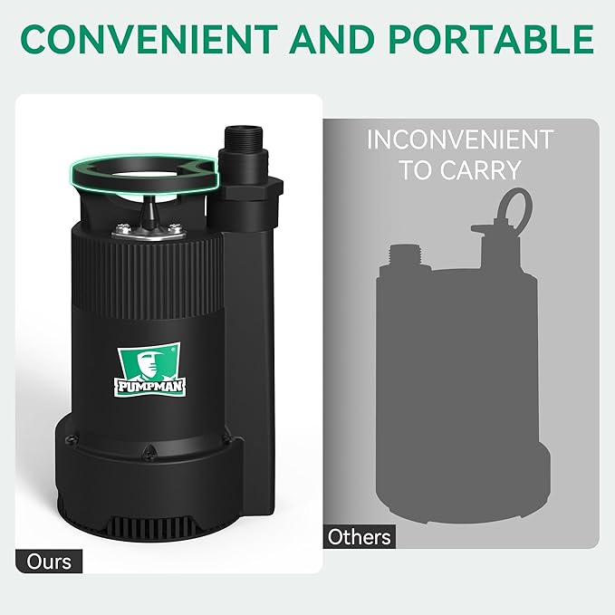 PUMPMAN 1/4HP Portable Water Pump, 2110GPH Submersible Utility Pump with 3/4” Garden Hose Check Valve Adapter Electric Sump Pump, 120V, Removal for Pool Draining Basement Hot Tubs Garden
