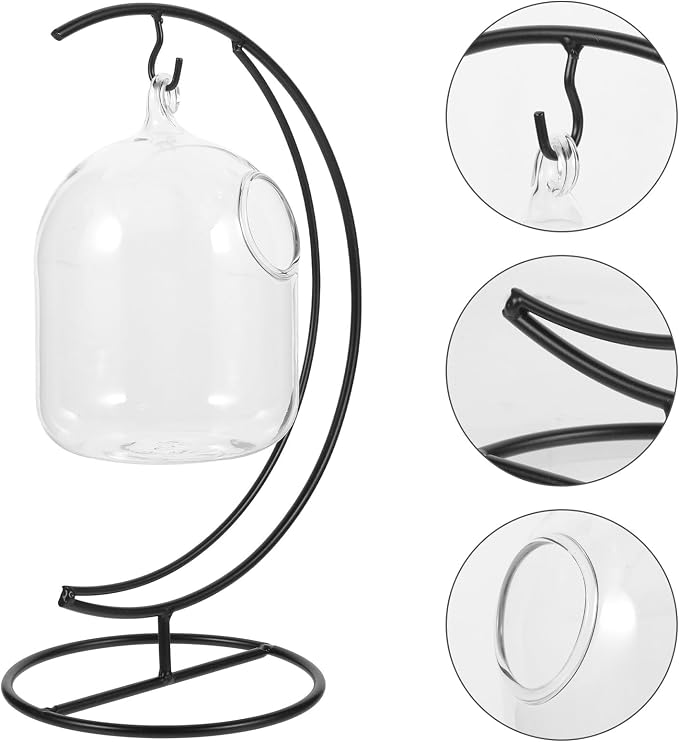 MERRYHAPY Hanging Glass Fish Bowl with Moon-Shaped Iron Stand, Small Aquarium Tank for Betta and Goldfish, Desktop Aquarium Decoration, 12cm