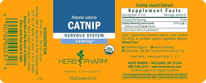 Herb Pharm Catnip Liquid Herbal Extract: Calming Nervous System Support | Vegan Organic Catnip Tincture | Herbal Support for the Nervous System | Non-GMO, Gluten-Free, Up to ~3 Week Supply, 1 oz*