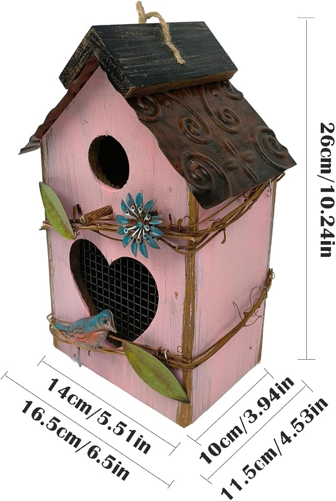 Generic Wood Bird House for Outside, 10"" H Hanging Bird House with Waterproof Metal Roof, Vintage Rustic Decorative Birdhouse Wooden Bird Nest Box for Outdoor Garden Yard Decorations (Pink)