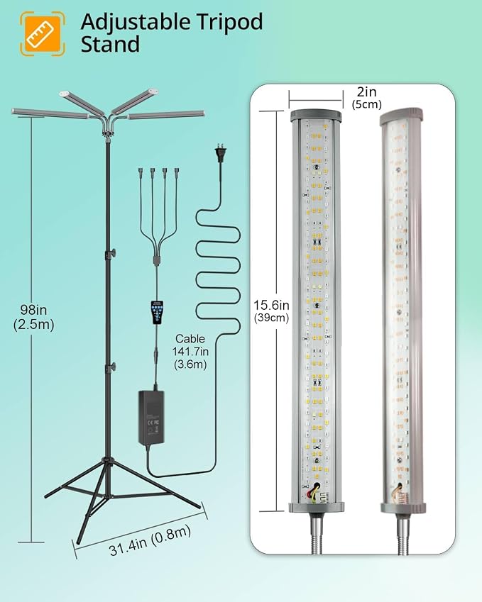 Floor Grow Light, 50W Dimmable, 15-105in Tripod with Timer | Full spectrum with 3 lighting modes, 6/10/14/18h auto timer, adjustable stand for all indoor plant growth stages