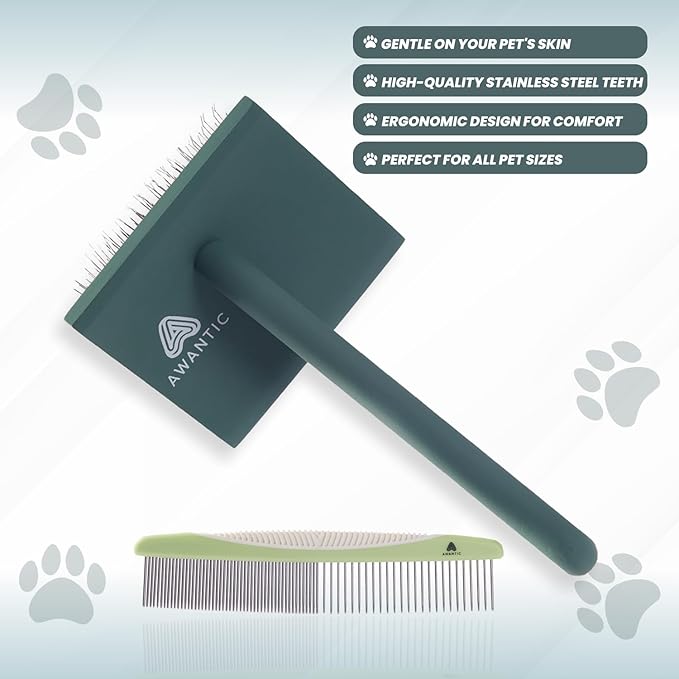 Self- Cleaning Slicker Brush for Dogs Suitable for Short & Long Haired Dogs and Effective Deshedding for Pet Grooming, Undercoat Removal, Tangle-Free Fur (Green Brush + Comb)