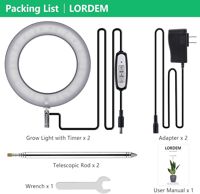 LORDEM Grow Light for Indoor Plants, Full Spectrum 6.3in Plant Light | 72 LEDs Grow Lamp , Auto Timer 4/8/12H, 4 Dimmable Levels, Height Adjustable 65 inch, Ideal for Tall Plants, Black 2 Pack