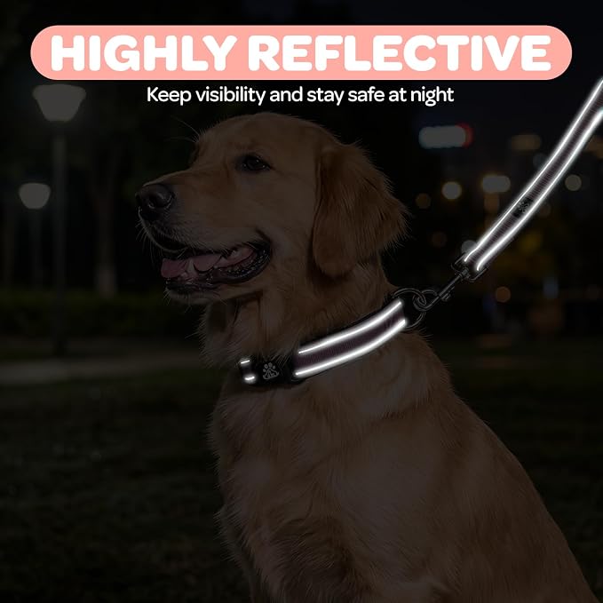 FURRYFECTION Reflective Dog Collar and Leash Set with Quick Release Buckle, Padded with Neoprene Adjustable Nylon Dog Collar for Small Medium and Large Dogs (Medium Collar+5FT Leash, Pink)