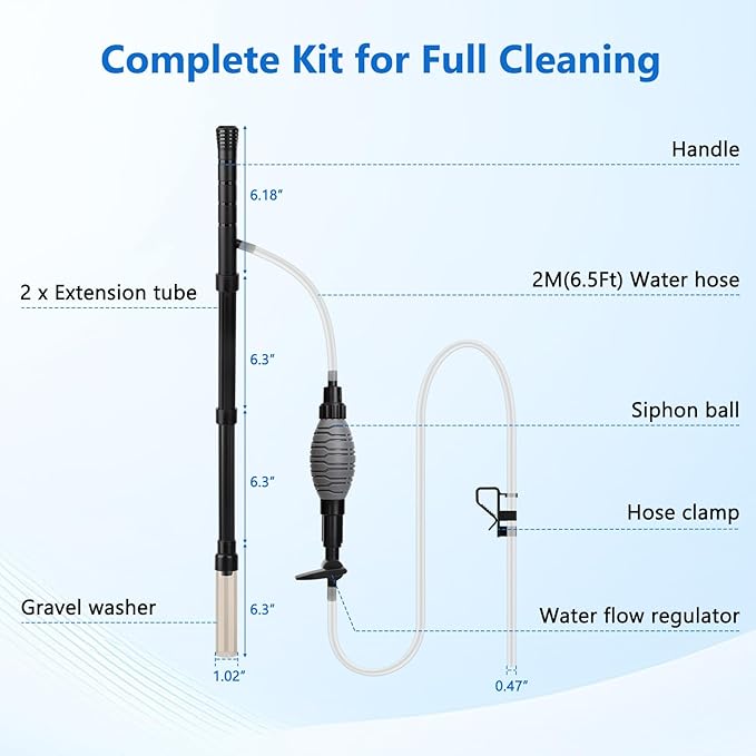 AQQA Gravel Vacuum for Aquarium Siphon - Adjustable Flow Fish Tank Cleaner with Handle, Manual Siphon Pump Water Changer Sand Rock Suction Cleaner, Upgraded Hard Hose with Threaded Connection (S)