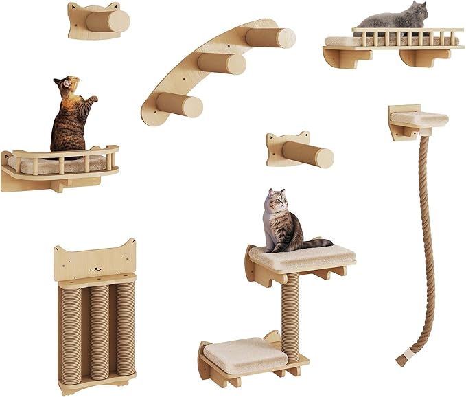 BYBYME 8 Pcs Cat Wall Climbing Set, Wood Cat Furniture with Scratching Posts, Kitten Perch, 100CM Sisal Rope & Cat Bed, Wall Mounted Cat Shelves for Sleeping, Playing & Relaxing(Natural Wood)