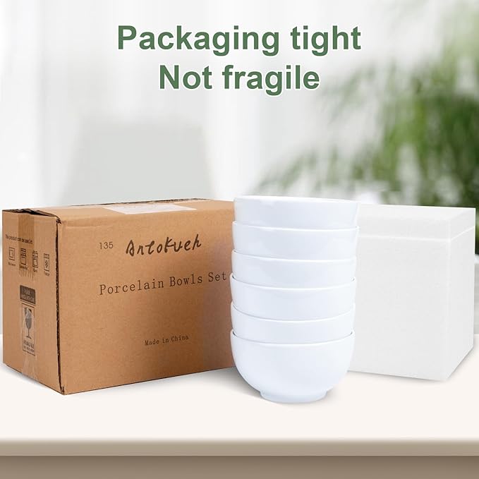 AntoKueh White 4.56" Small Cereal Bowls Set of 6, 12 Oz Porcelain Dessert Bowls for Ice Cream, Yogurt, Rice & Pudding, Microwave & Dishwasher Safe