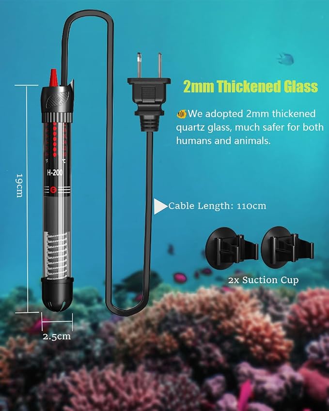 KINGYEENUO Aquarium Heater 50W, 20 Gallons Tank Submersible Aquarium Heater, Temperature Adjustable, Betta Turtle/Fish Tank Heater, Built-in Thermostat Control, with Extra Sucker Cup