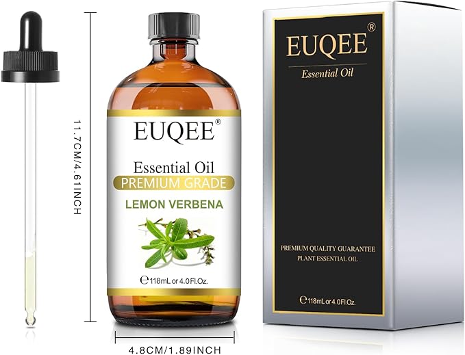 EUQEE Lemon Verbena Essential Oil 118ml - Pure & Natural Citrus Scent Oil for Diffuser, Skincare, Morning Rituals & Aromatherapy, Large Bottle with Dropper