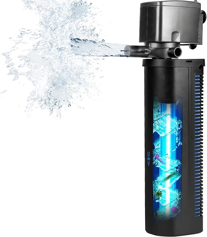 Aquarium Large 100-300 Gallon Fish Tank Filter U-V Dual Spout 600GPH Silent Canister Internal Filter Cold Plunge Tub Koi Pond Filter, Green Clean Machine Deodorization for Saltwater Freshwater