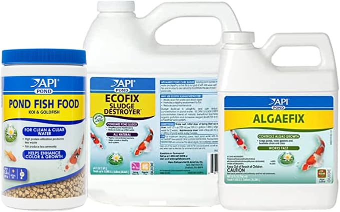 API Pond Healthy Fish Pond Bundle Including API Pond ALGAEFIX Algae Control, API ECOFIX Sludge Destroyer Pond Water Clarifier and Sludge Remover Treatment, and API Pond Fish Food