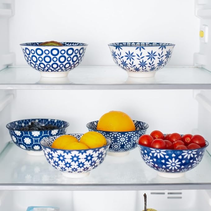 AntoKueh Blue and White Ceramic Bowls Set of 6, 10 oz Small Dessert bowl 4.7in for ice cream, Snack, Porcelain bowl for Dipping, Microwave & oven Safe