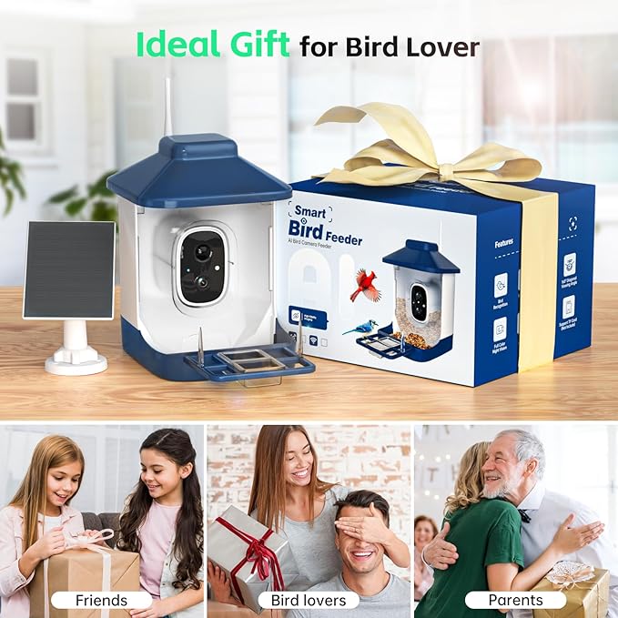 Bird Feeder with Camera, AI Bird Identification, Full HD Live Video, Solar Powered, 2.4Ghz WiFi, Instant Arrival Alerts - Best Gifts for Bi rd Lover