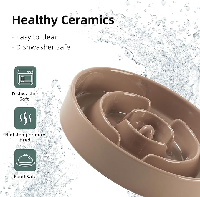 Havniva Ceramic 1.6 Cup Slow Feeder Dog Bowl for Medium and Large Breed, 8.2inch Puzzle Dog Food Dish, Anti-Gulping, Stop Bloat, Preventing Choking (Single Bowl-Brown Coffee)