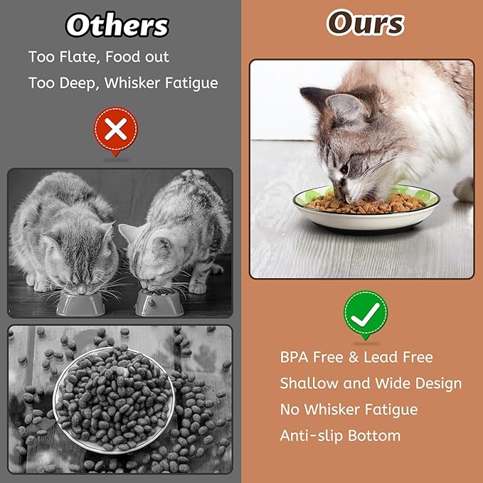 WROSWT Non-Slip Cat Bowl,Ceramic Cat Food Bowls with Silicone Bottom, Anti-Whisker Fatigue Cats Dishes Set, Shallow & Wide Kitten Plates for Food and Water, 4 Pack