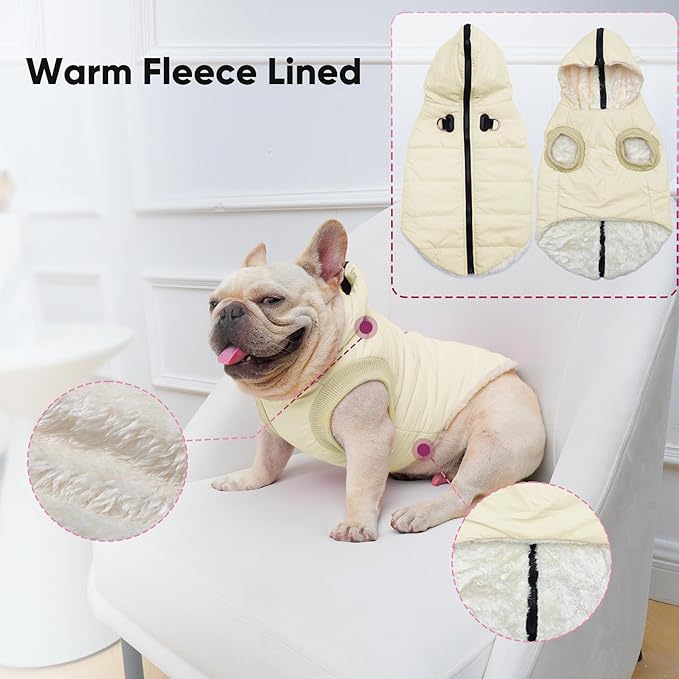 Vecomfy Fleece Lining Dog Hoodie with Harness Built in,Extra Warm Large Dog Jacket in Winter Doggie Coats with Hooded,Light Yellow XXL