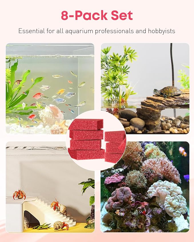 Pawfly 8 Pack Aquarium Glass Cleaner Sponge, 3.25" x 3.25" x 1", Algae Scrubber Pad for Glass Aquariums, Fish Tank Glass Cleaner, Aquarium Sponge, Aquarium Cleaning Tools, Red (Not for Acrylic Tank)