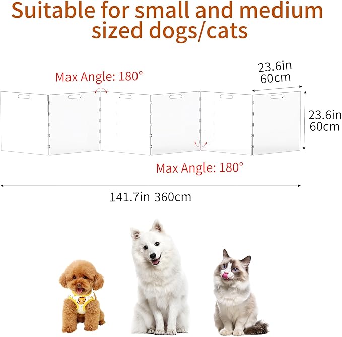 Clear Acrylic Dog Gate, Freestanding Pet Gate for Doorways Indoor, Foldable Acrylic Dog Playpen No Drilling (Clear, 6-Panel)