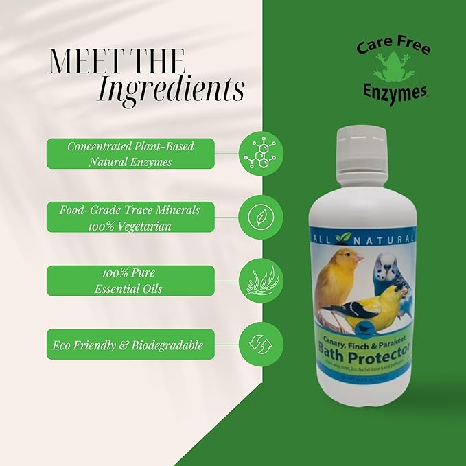 Care Free Enzymes Canary, Finch & Parakeet Bath Protector, 16 oz, Gentle Bird Bath Additive for Pet Birds, Helps Keep Bath Water Clean, Supports Feather Care, Safe for Small Pet Birds