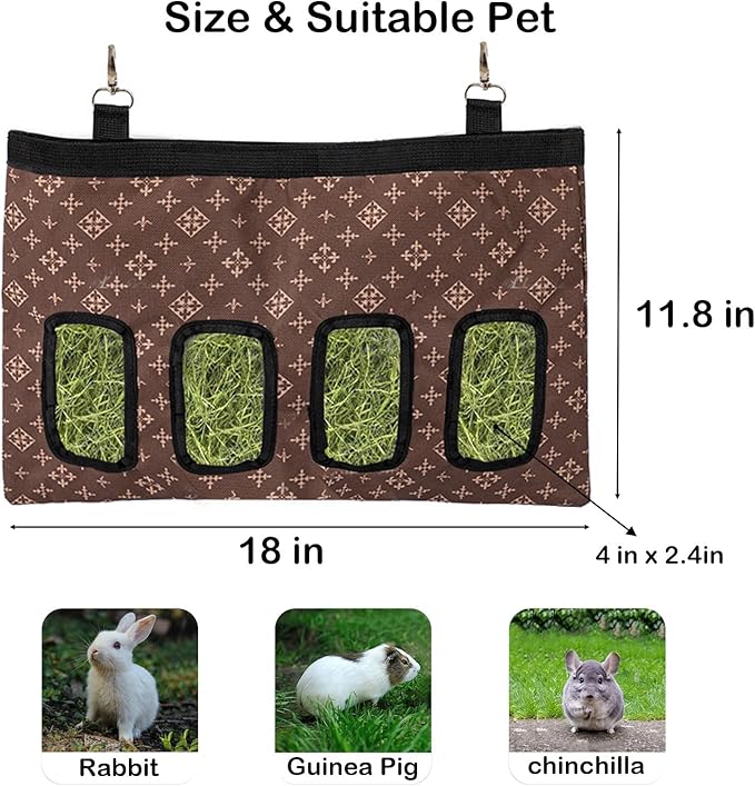 Rabbit Hay Feeder Bag, Large Capacity Rabbit Hay Bag Small Animal Hanging Hay Bag 600D Oxford Cloth Bunny Hay Feeder Bag for Rabbits Guinea Pigs Chinchillas (Brown-4 Holes-1Pcs)
