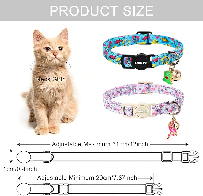 ARING PET 2 Pack Cat Collars with Bell, Cute Summer Soft Cotton Kitten Kitty Breakaway Cat Collars for Boy Girl Cats-Dinosaur & Flamingo