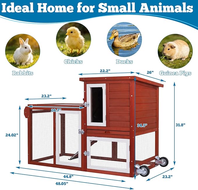 Rabbit Hutch Indoor Outdoor Bunny Cage, Weather Resistant Openable Roof, Slide Out Tray, Handle & Rolling Wheels, Chicken Coop, 48.05" L x 26.02" W x 34.3" H, Red