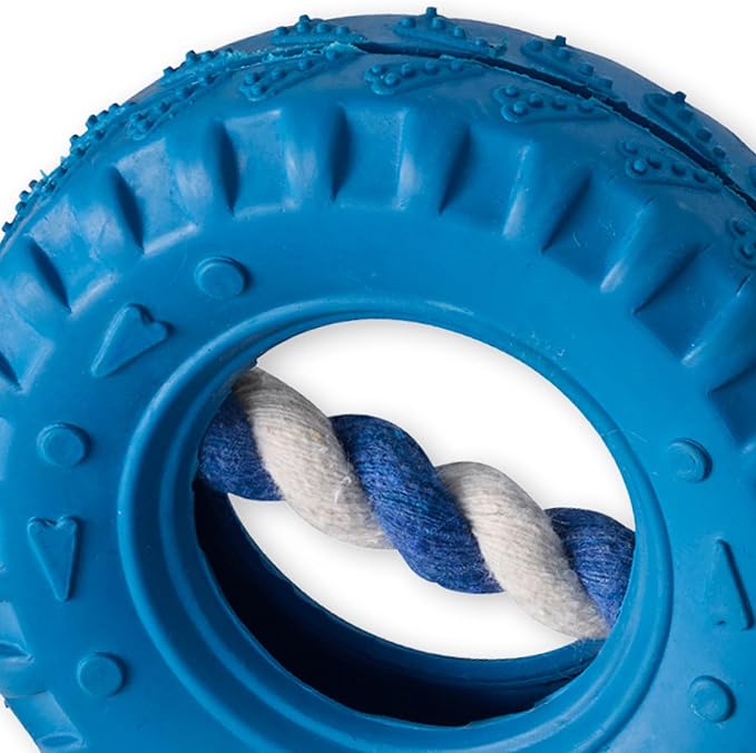 Pet Passion Natural Rubber Tire and Organic Cotton Rope Pull and Chew Dog Toy for All Pet Breeds, Blue, One Size