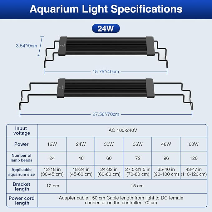 fishkeeper Aquarium Light, LED Fish Tank Lights with Auto Time Sync & 24/7 | IP68 Waterproof Extendable Bracket DIY Full Sprctrum Aquarium Plant Lights with Timer/Dimming, Memory Function for 18-24inch