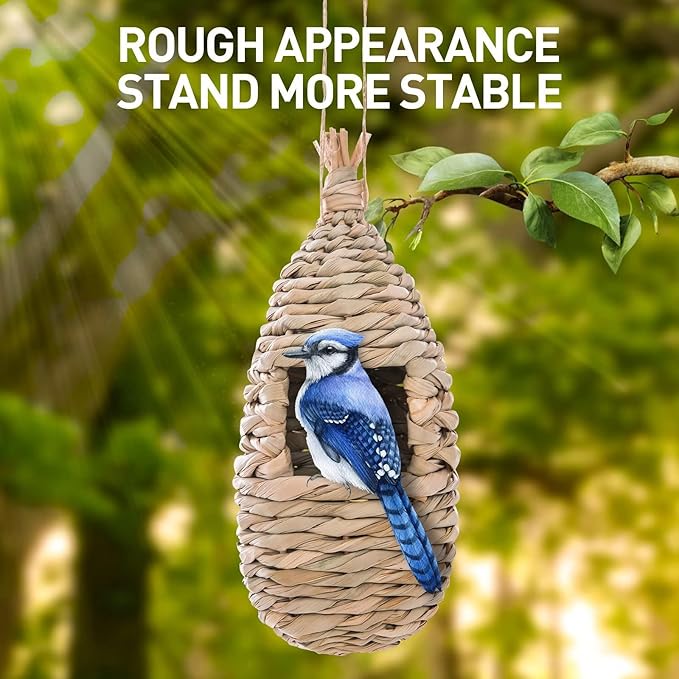 WDEFUN Humming Bird Houses for Outdoor Hanging, Natural Grass Bird Hut,Hand Woven Hummingbird Nest,Wren Finch Bird House for Garden Window Outdoor Home 3 Pack