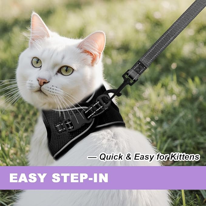 Cat Harness and Leash Set,Escape Proof Kitten Harness,Step in Adjustable Soft Lightweight,Easy Control,Reflective Strips Comfortable for Walking Travel(Black,M)