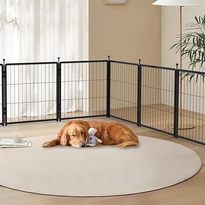 Dog Playpen 24 inch 4 Panels for Indoor & Outdoor Use – Heavy-Duty Metal Pet Fence with Ground Stakes, Rounded Ball Tops for Safety, Stable & Foldable Design, Easy to Assemble