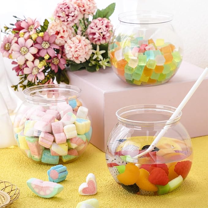 Eccliy 24 Pcs Clear Fish Bowls with Straws Ball Shape Plastic Bowl for Drinks Summer Drink Cups Unbreakable Goldfish Bowl for Christmas Candy Table Centerpieces Party Favors (44 oz)