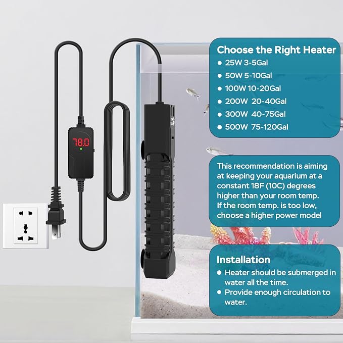 AquaMiracle Aquarium Heater, 300W Submersible Fish Tank Heater with LED Digital Display, Overheat Protection & Auto Power-Off When Out of Water, for Freshwater and Saltwater Fish Tanks (40-75 Gal)