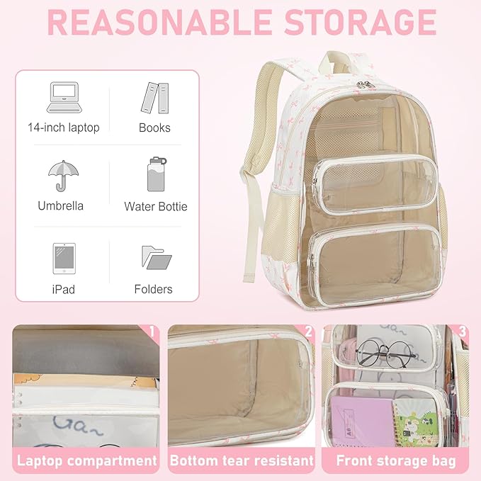 CAMTOP Clear Backpack Heavy Duty Transparent Bag See Through BookBag for Student School Work Festival Sport Travel (Pink Bow)