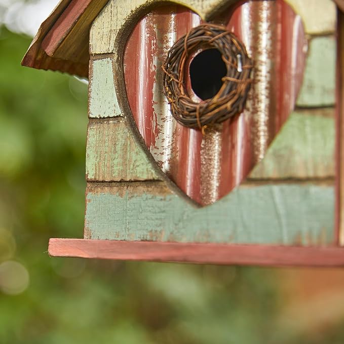 Glitzhome Bird House for Outdoor, 8.75" H Decorative Pet Cottage Distressed Heart Garden Wooden Birdhouse for Outside, Hanging Birdhouse for Bluebird Hummingbird Wren Finch Cardinals Cedar