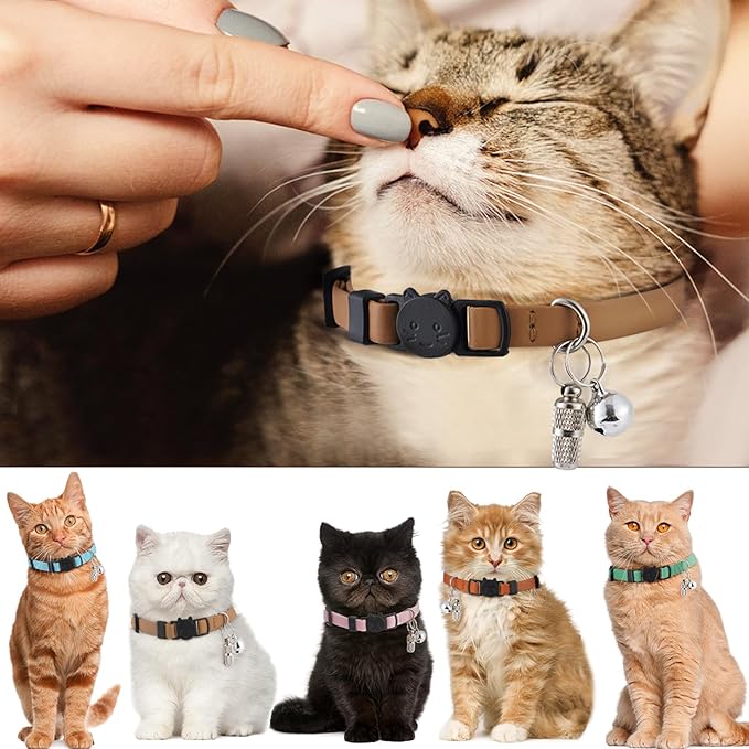 Upgrade Breakaway Cat Collar with Bells, Soft Leather Kitten Collars with Name Tag,Safety Adjustable Buckle,Lightweight,Ideal for Girl Boy Cats, Green+Blue