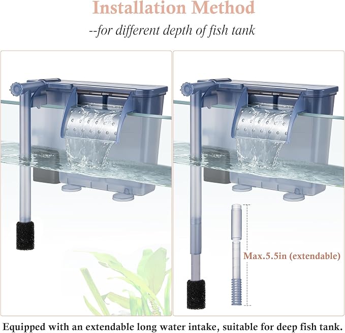 Silent Aquarium Hang-on Filter, 5W 124GPH Fish Tank Filter with Filter Media, Adjustable Fish Waterfall Filter for 10-20 Gallon Tank