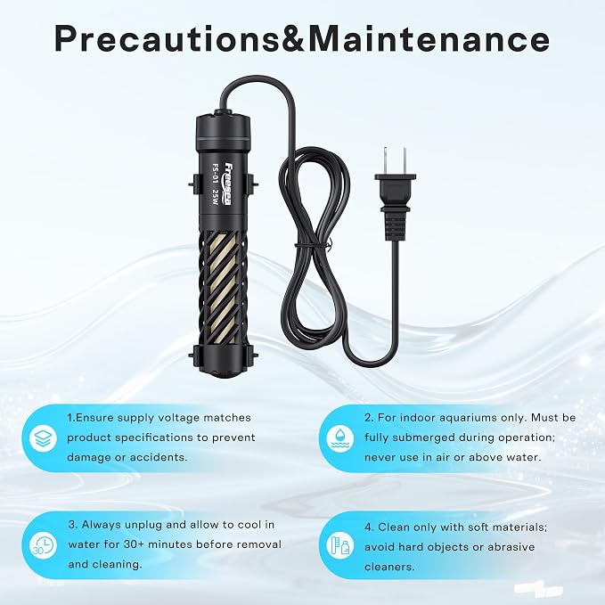 FREESEA Aquarium Heater for Fish Tank: Stable Temperature Maintains 78°F | 25W Worry-Free Heating via Dry Run Protection for 1–5 gal Betta Turtle & Saltwater Tank