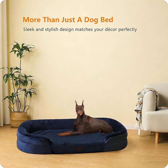 Dwanton Orthopedic Dog Bed for Extra Extra Large Dogs with Gel Memory Foam, Waterproof Dog Sofa, Washable Pet Bed with Four Sided Bolster Cushion, Removable Cover & Non-Slip Bottom, 48", Navy Blue