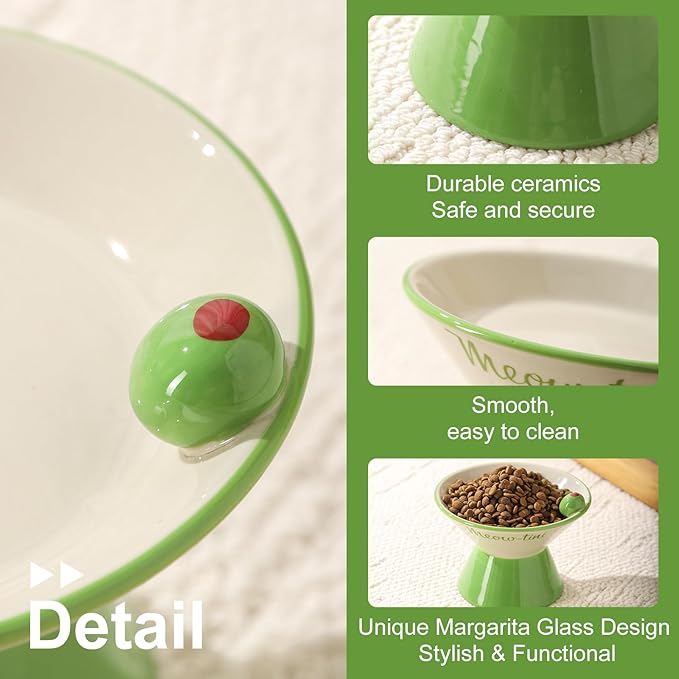 Elevated Cat Bowls Whisker Friendly. Ceramic Raised Whisker Fatigue Cat Bowl for Indoor Cats Protect The Spine and Prevent Vomiting,Meowtini Cat Bowl. KGCCIZI