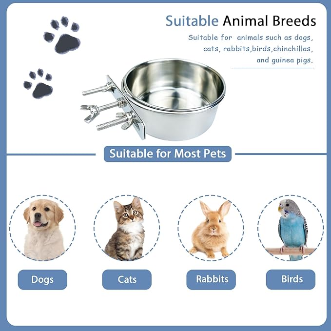 Stainless Steel Pet Crate Bowls, 2-Pack Rabbit Food Water Bowls No Spill Removable Hanging Parrot Feeding Cups Kennel Feeder Coop Cup for Small Medium Pets Birds Bunnies Cats Dogs (M+L)