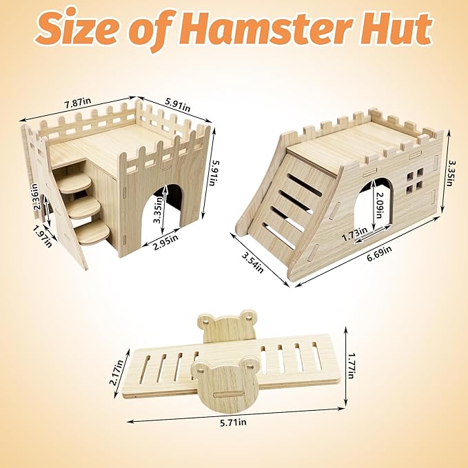 BNOSDM Hamster Hideout Set Gerbil Wooden House with Stairs Wood Hide Hut with Fun Slid Seesaw Cage Accessories for Dwarf Hamsters Mouse Mice