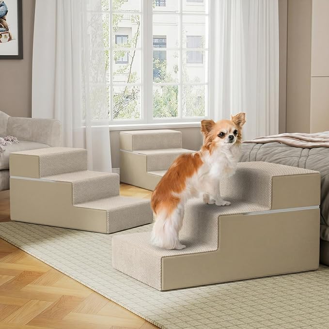 YENING Large Dog Stairs for High Beds - Extra Wide Pet Steps for Large Dogs to Get on Tall Bed 3 Deep Step Cat Ramp for Couch Beige