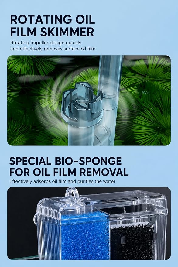 Aquarium Filter, Quiet Fish Tank HOB Filters 105GPH, 5W for 5 to 20 Gallon Aquariums with Adjustable Water Flow Extendable Intake Tube Surface Skimmer External Hang-On Back