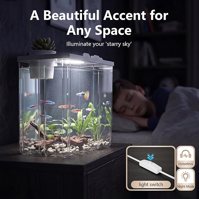 2 Gallon Betta Fish Tank Aquarium Starter Kit with Light and Lid(White) | Premium Acrylic Aquarium with Light and Lid, Crystal Clear Starter Kit for Betta Fish, Shrimp, Snails and Small Fish