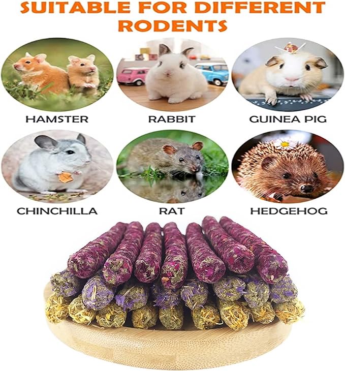 Bunny & Guinea Pig Toys - Rabbit & Hamster Accessories - Natural Timothy Biscuit Hay Sticks & Apple Wood Sticks for Teeth - Chinchilla & Rat Molar Chews