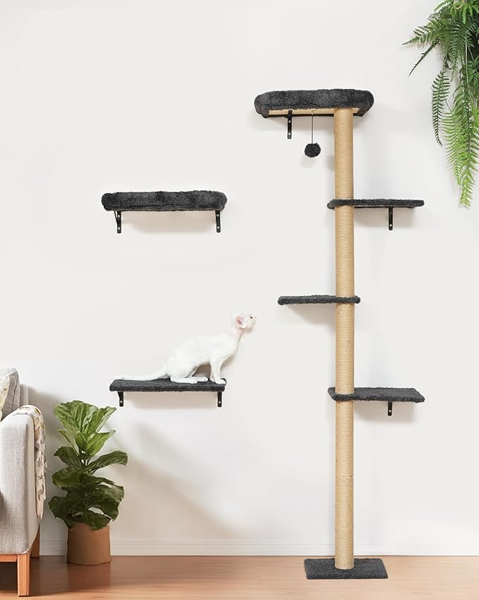 FUKUMARU Cat Wall Shelves Set, 70 Inch Stable Wall Mounted Tree, Kitten Scratching Post with Soft Cushion Perch, Space Saving Climbing Wall Furniture for 16 Inch Drywall - Gray