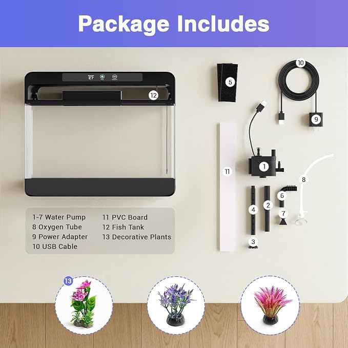 3 Gallon Fish Tank Starter Kit, Small Aquarium for Betta, Black | 3-in-1 Silent Water Filter with Filtration Circulation Oxygenation Temperature Display 7 Colors LED Lights, Artificial Plant