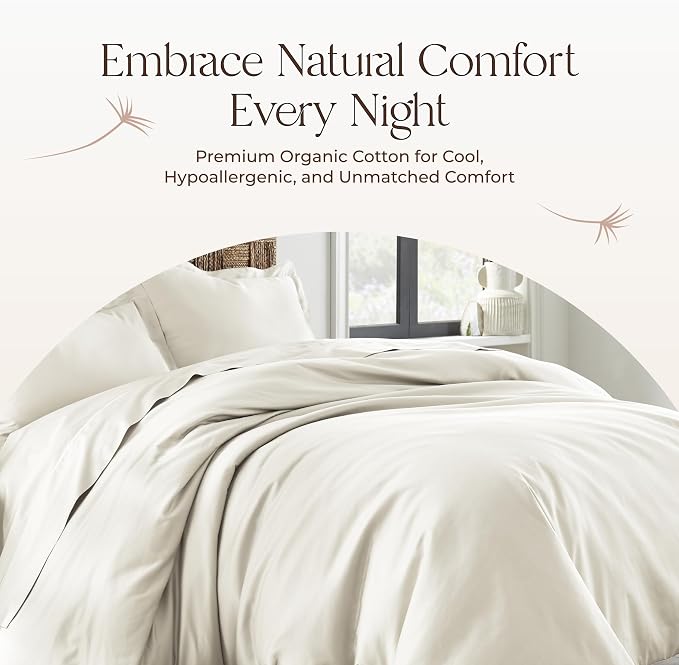100% Organic Cotton Duvet Cover Queen Size - Naturally Soft Lightweight & Cooling Duvet Cover Set with Decorative Shams - Premium GOTS Certified 300 Thread Count Sateen Weave (Natural, Queen)