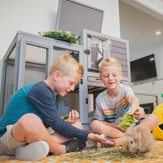 Gutinneen 2-Story Rabbit Hutch Indoor Wooden Bunny Cage with Removable Wire Mesh Floor, Chew-Proof Ramp, Lockable Wheels, Pull Out Trays for 1-2 Rabbit, Guinea Pig, 40.6" L x 26" W x 37.6" H